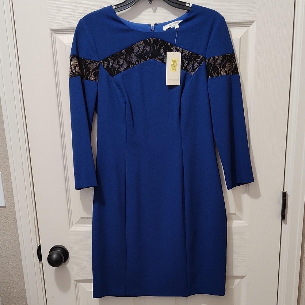 Max & Cleo Blue Long Sleeve Sheath Dress with Bateau Neckline